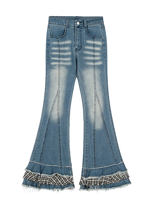 Blue Plaid Patchwork Cuffs Fishtail Jeans