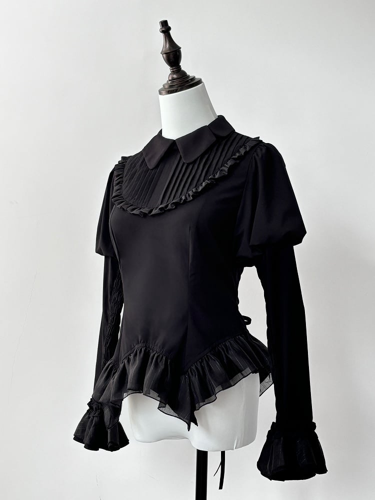 ブラックジュリエットスリーブモスウィングシェイプカラーブラウス