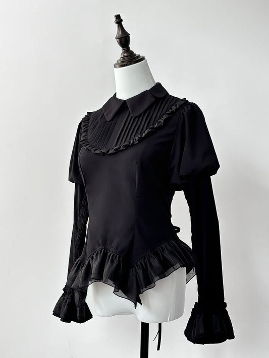 ブラックジュリエットスリーブモスウィングシェイプカラーブラウス