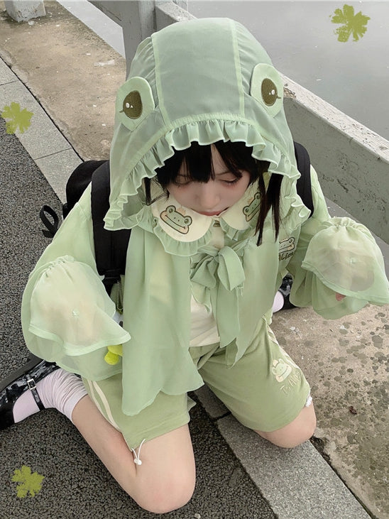 Semi-sheer Frog Hood Sun Protection Top Light Green Chiffon