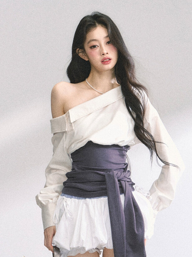 Beige Asymmetrical Neckline Shirt with Purple Corset Belt