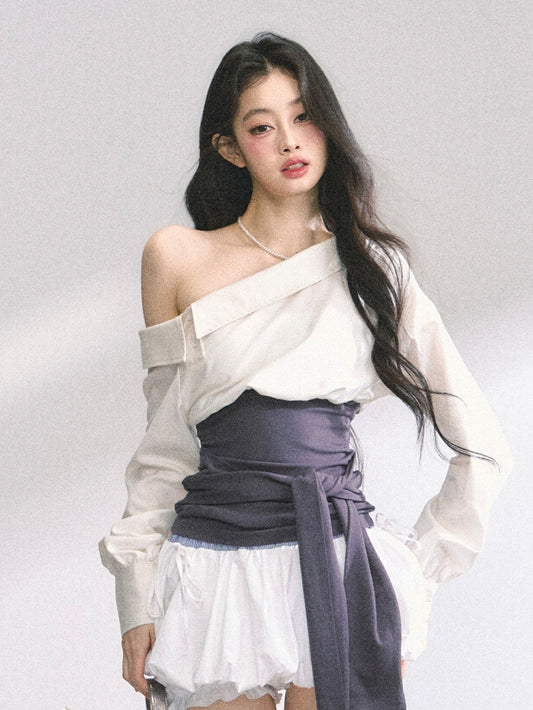 Beige Asymmetrical Neckline Shirt with Purple Corset Belt