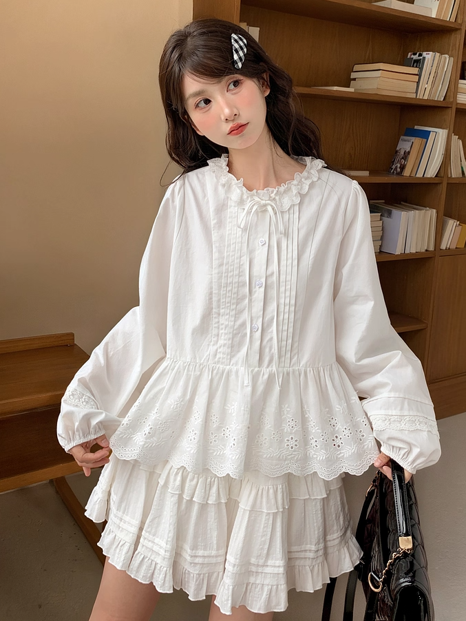 White Elastic Waist Ruffle Hem Tiered Skirt