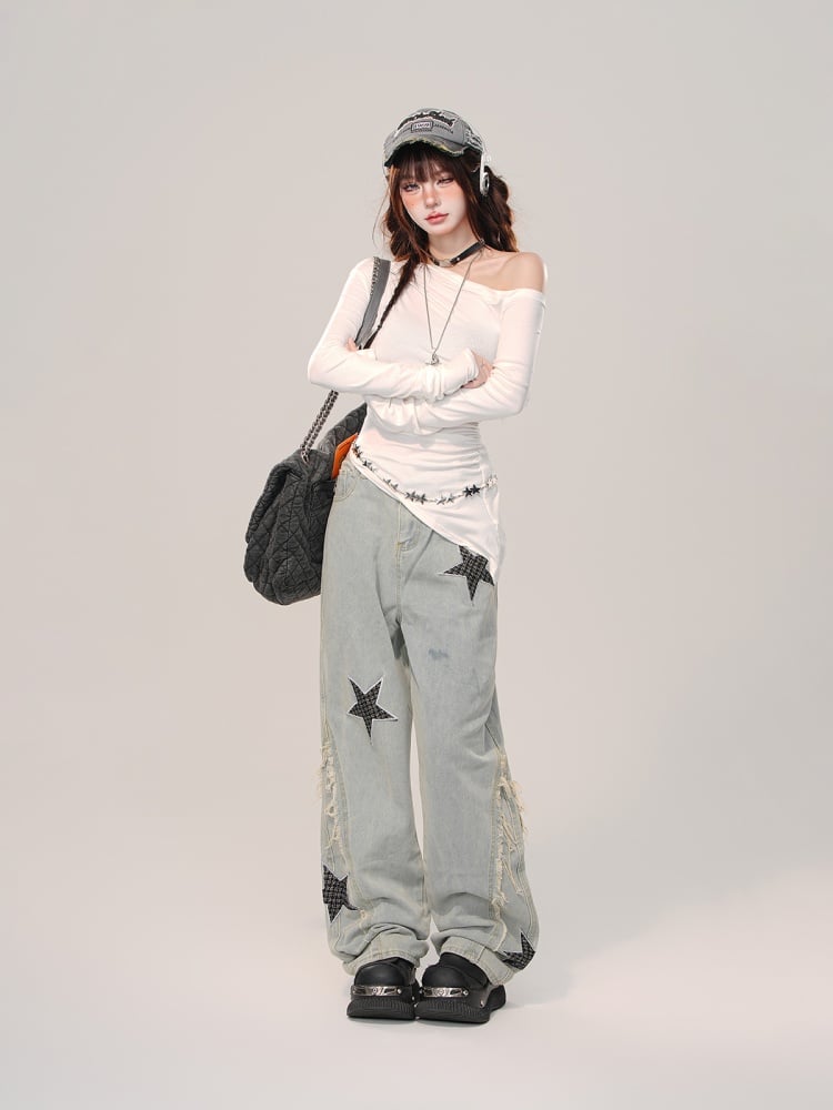 Hellblaue High Street Jeans mit weitem Bein und Sternen