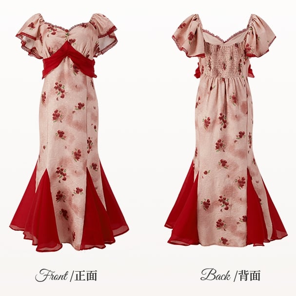 Hem Skirt Plus Size Mesh Red Rosette Print Dress Patchwork Mermaid