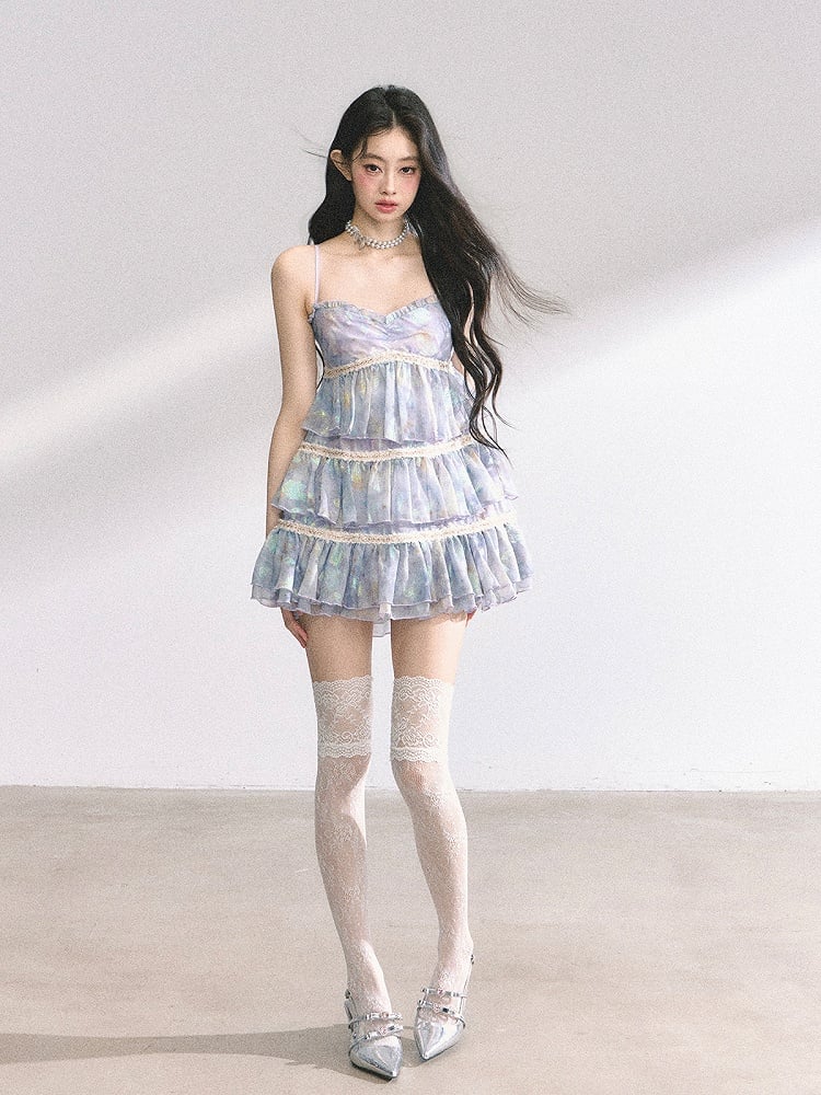 Slip Kleid Tiered Ausschnitt Rock Blau Sweetheart Ölgemälde Floral Mini