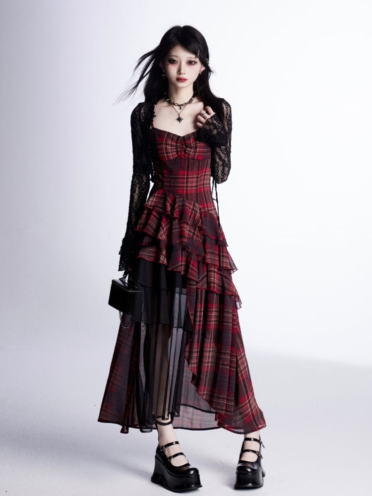 Taille Asymmetrische Rot Plaid Cami Kleid Tiered Rüschen mit