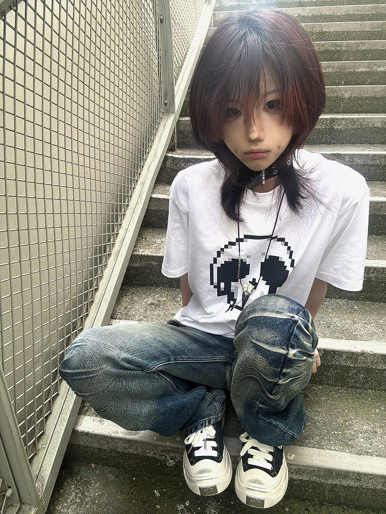 Pixel Round Neck T-Shirt Skeleton Print Cotton Black/White