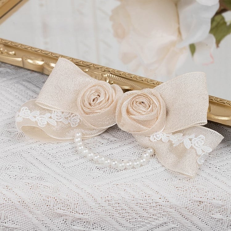 Vintage with Lolita Champagne Chain Bow and Bead Hairclip Rose Lace
