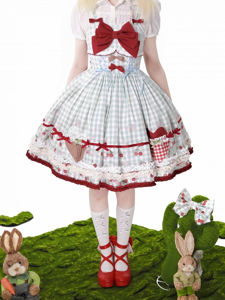 Cherry Dress Print Blue Lolita Sweet Jumper Skirt Red Gingham