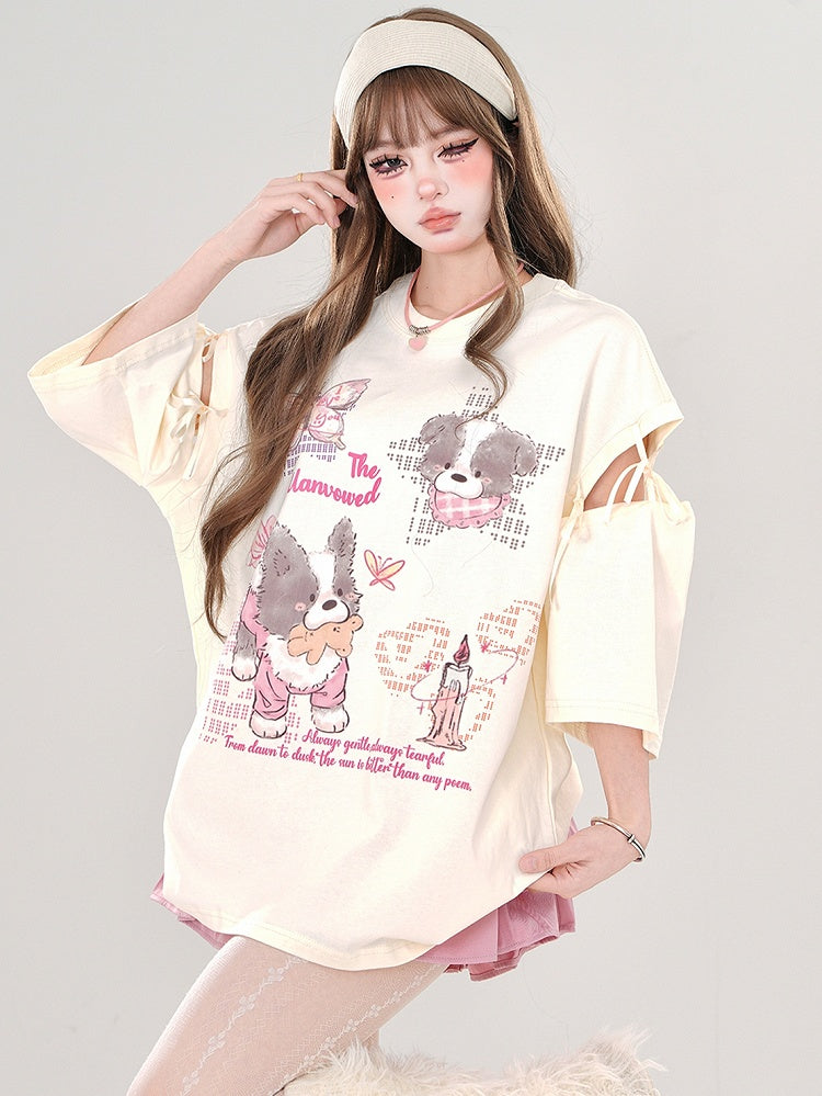 Rosa/Aprikose – T-Shirt mit Cartoon-Welpen und Cut-out-Ärmeln zum Binden