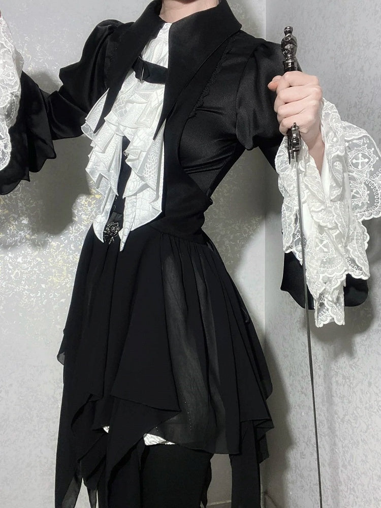 Black Pointed Foldover Collar Ouji Gothic Lolita Long Sleeves Tail Shirt
