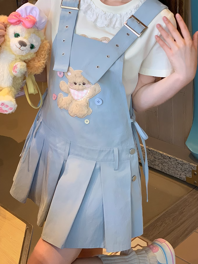 Adjustable Plush Bear Applique Blue Box Pleat Overall Dress Straps Shoulder