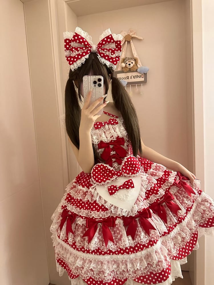 Dress Bow Polka Skirt Lolita Dots School Old Pattern Red Jumper Accents