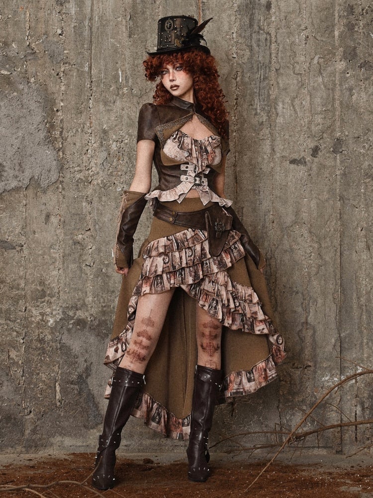 Brauner Steampunk Retro Öl Rüschenbesatz High-Low Rock