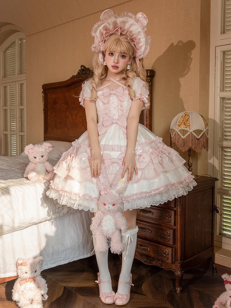 Heart White Lolita Sweet Applique Bunny and Embroidery Accents Dress Pink Bow