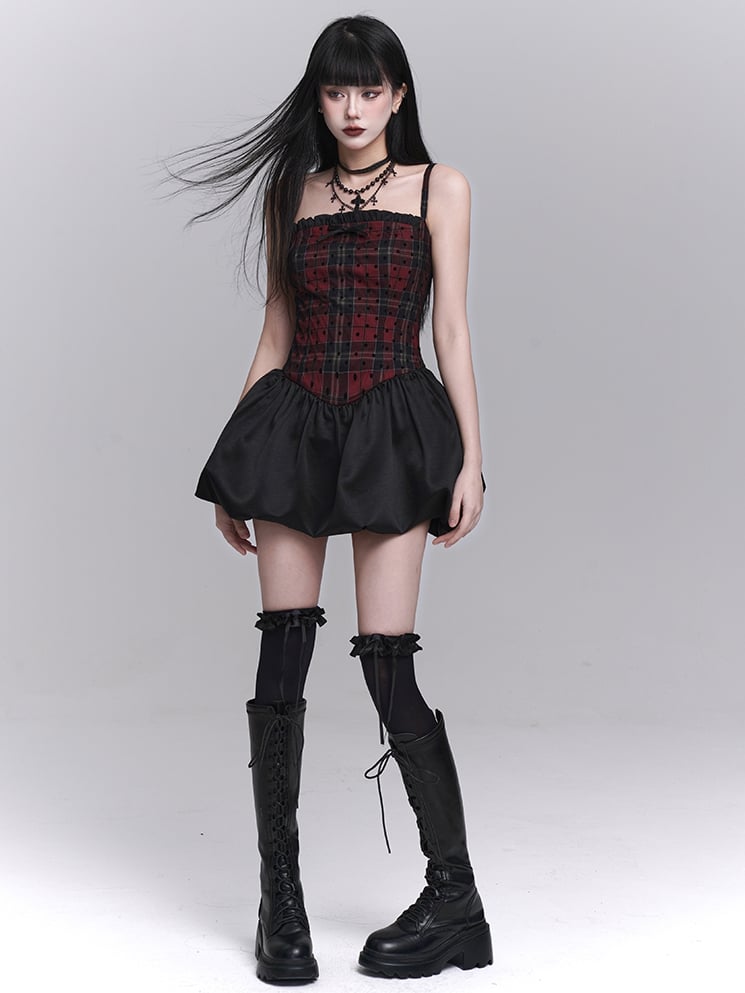 Red Plaid Basque Waist Mini Cami Dress Bubble Skirt