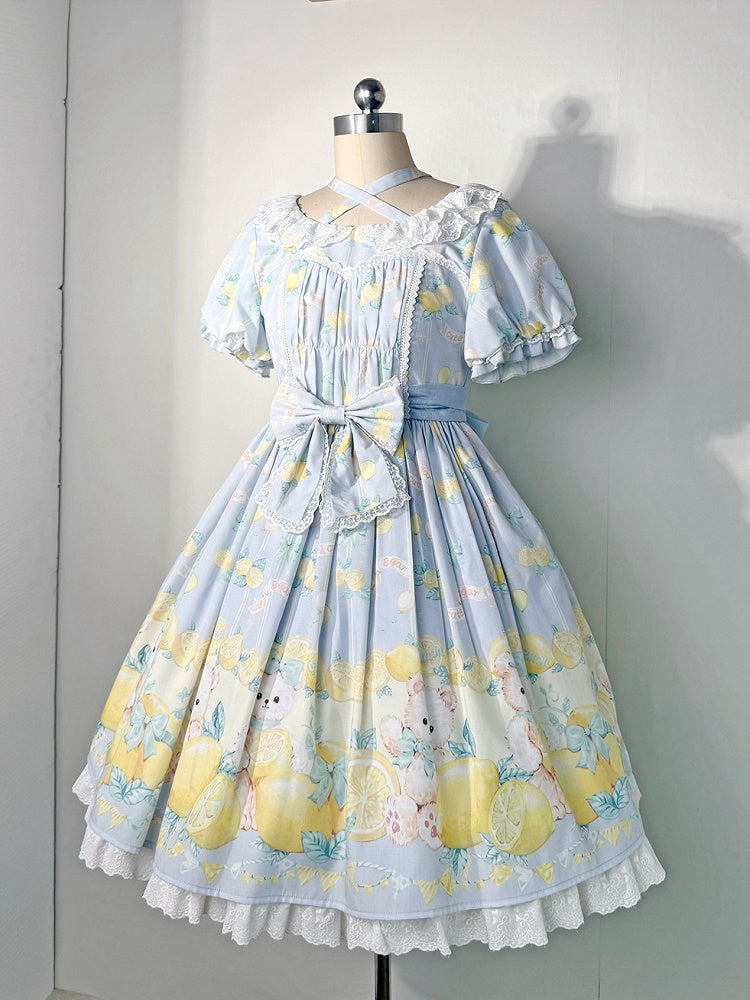 Lolita Sweet Sleeves Dress Teddy and Short Lemon Print Blue