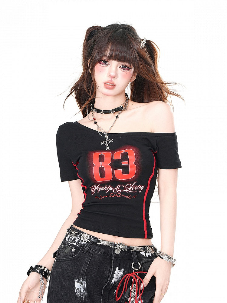 Black Asymmetrical Neckline Number Print Glamorous Cropped Top