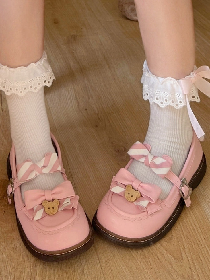 - 2cm Sweet with Uniform Striped Flats Pink Bow PU Lolita Sole