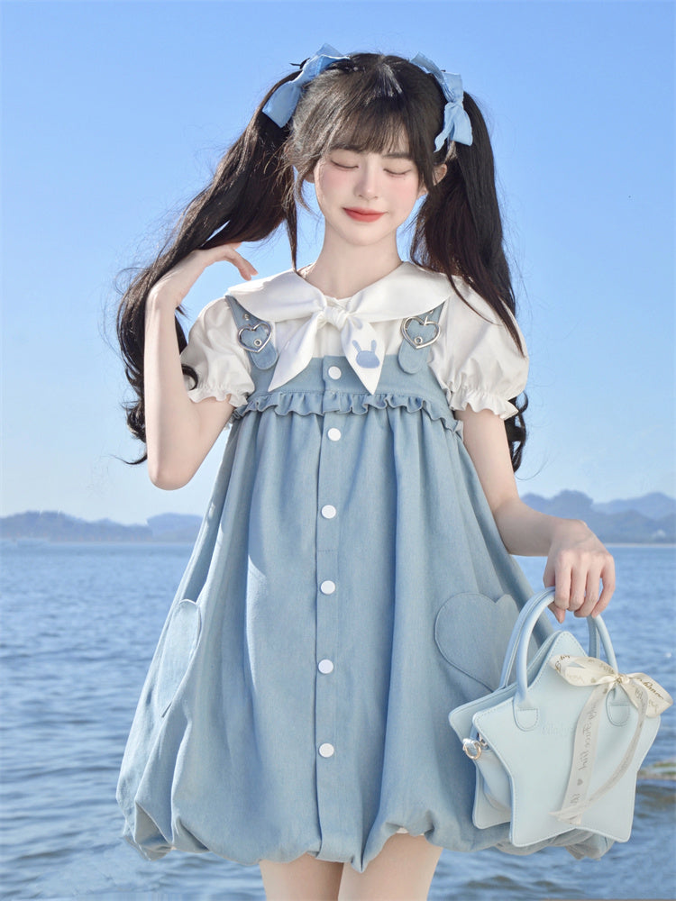 White Puff Sleeves Bunny Ear Design Blouse