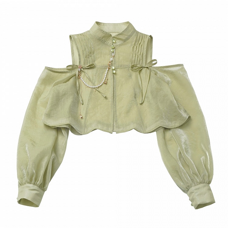 Cheongsam Style Green Semi-sheer Cutout Shoulder Ruched Design Neckline Top