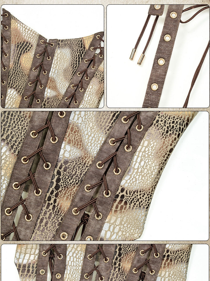 Pattern Punk Wasteland Brown Tube Top Lace-up Detail Snakeskin