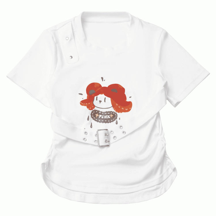 White Cartoon Print T-Shirt with Detachable Buckle Strap
