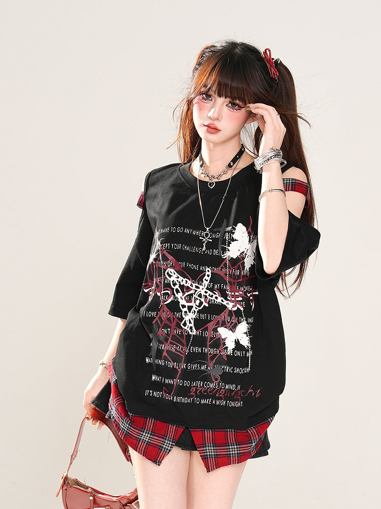 Rebel Hunter Butterfly and Spider Cutout Shoulder Plaid Patchwork Hem Black/White T-Shirt