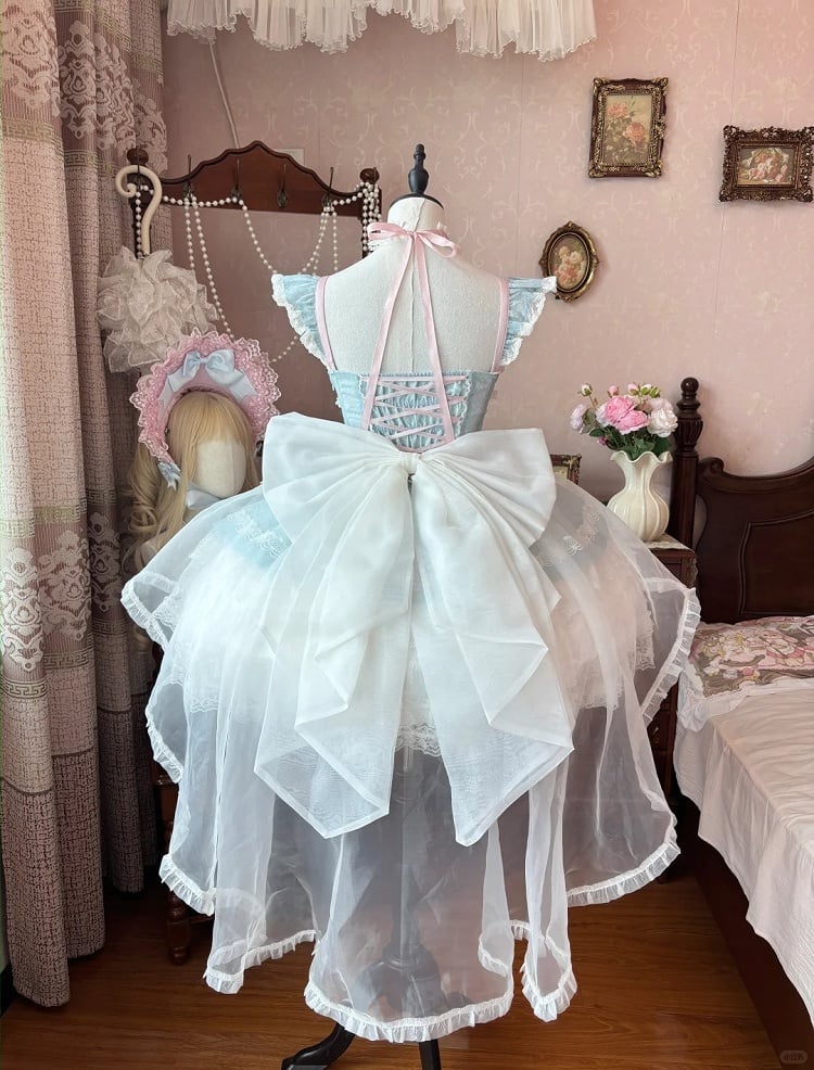 Leichter Stufenrock Blau Balletcore Sweet Lolita Pullover Flatterärmel Dreilagig