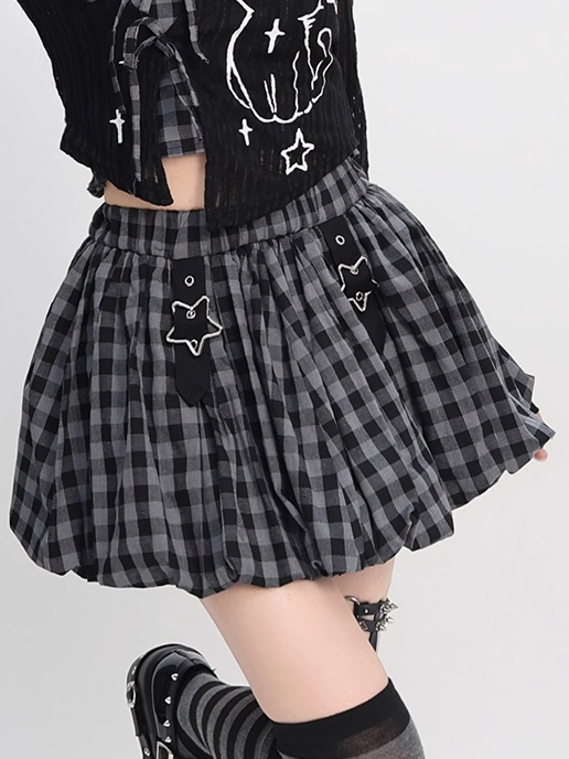 Plaid Bubble Skirt Y2K Gray / Red Star Buckles Black Black