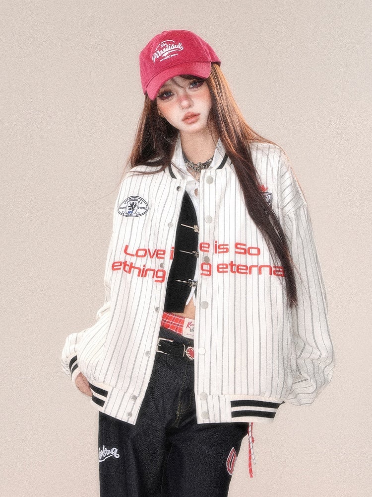 Grau-weiße Baseballjacke mit Streifenstickerei