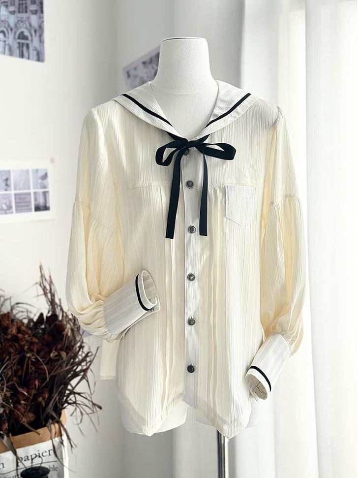 Ouji with Apricot Long Shorts Straight-leg Fashion Shoulder + Collar Lolita Outfit Straps Sailor Sleeves Shirt - Black