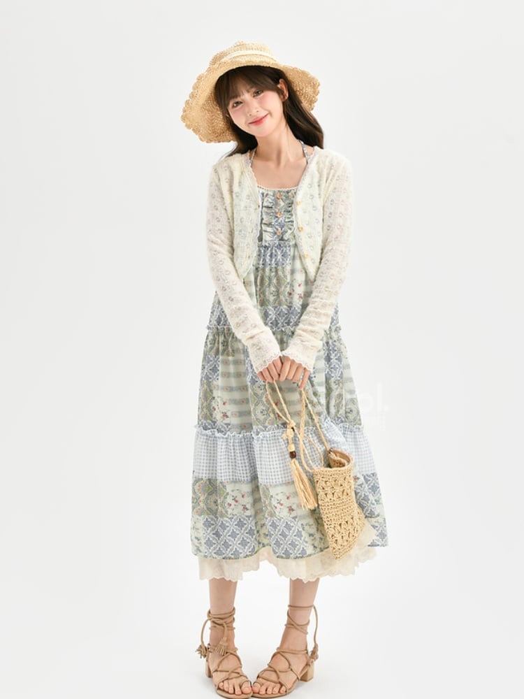 Mori Kei Green Halter Neck Patchwork Design Floral Dress