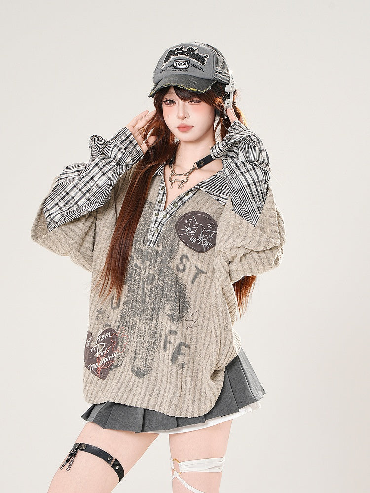Plaid Print Bear Top: Beige-Gray with and Patchwork Knit V-Neck Preppy