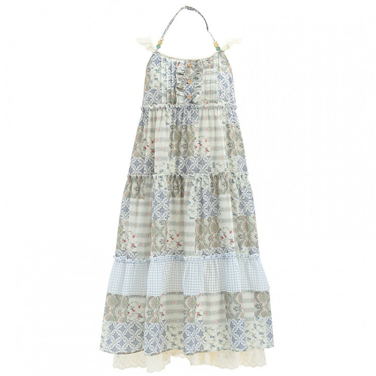 Mori Kei Green Halter Neck Patchwork Design Floral Dress