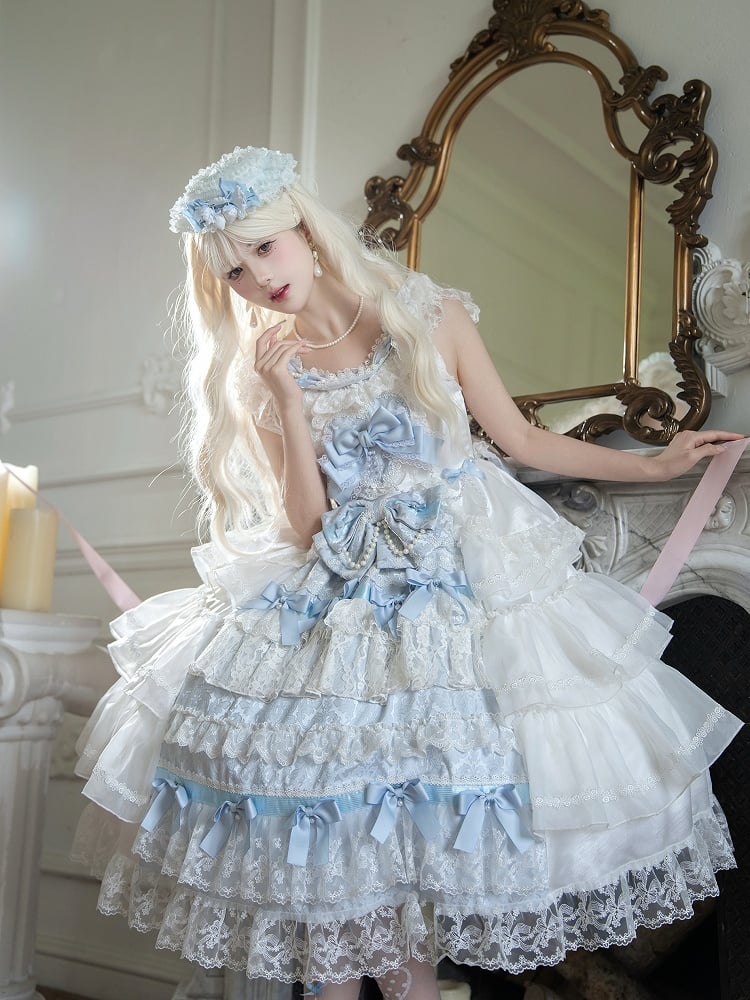 Bows and Skirt Decoration Dress Full Tiered Set Hanayome Blue White Lolita JSK Hime