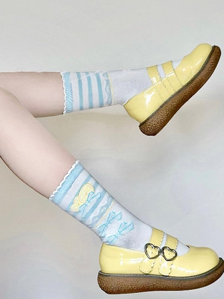 Blue Ruffle Socks Bowknot Print Lolita Lemon Trims Calf Sweet