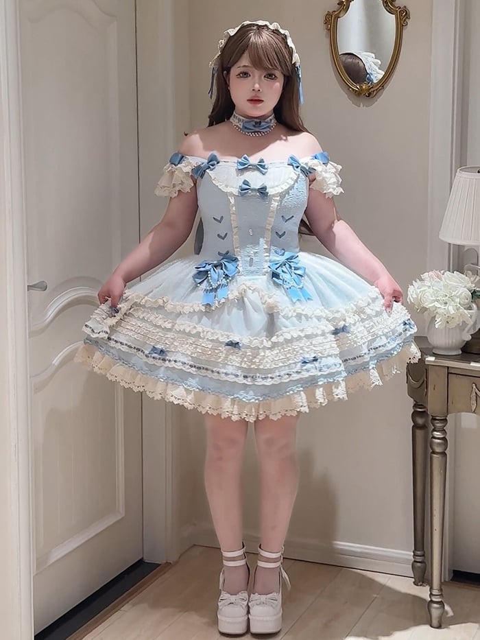 Dress Boned Lolita Blue Skirt Jumper Waist Accents Ballercore Bow