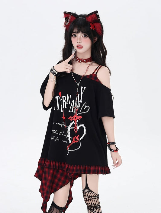 Asymmetrical Red/Purple Plaid Hem Black Punk Rock Graphic T-Shirt