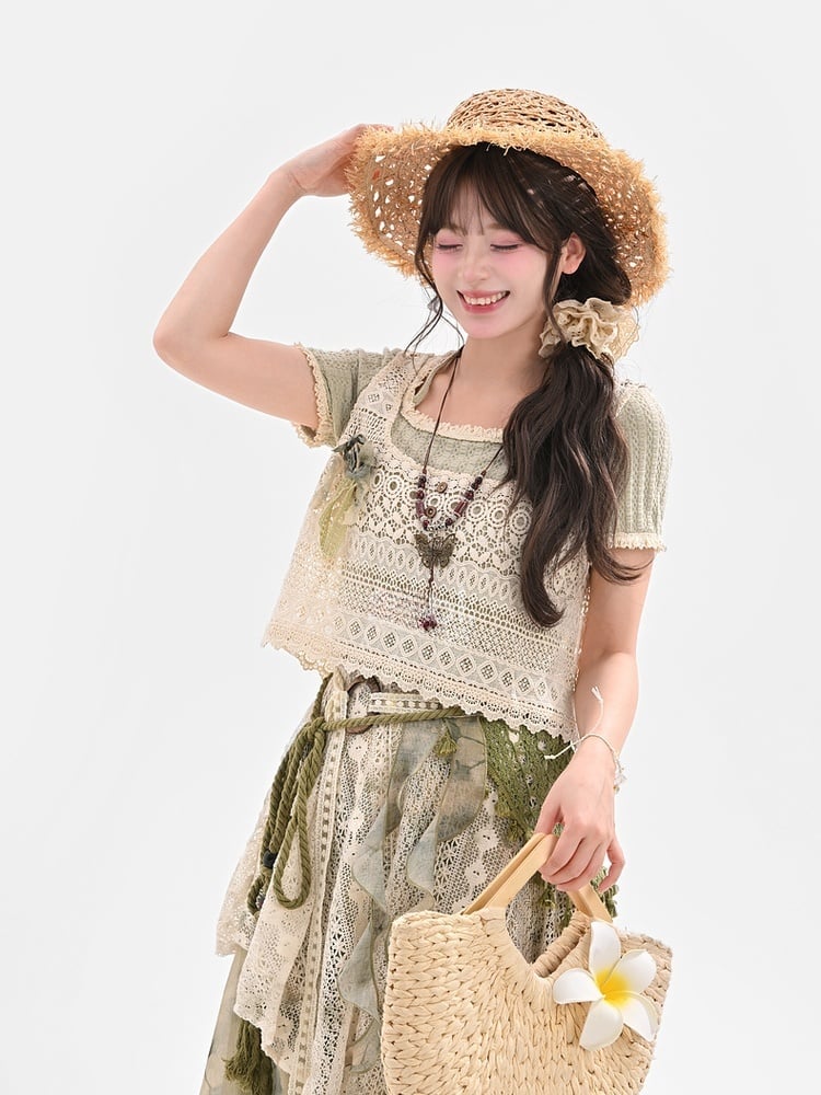 Hellgrüner Mori Neck Lace Kei Rundhalsausschnitt T-Shirt Neckholder