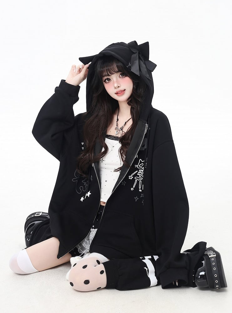 Bone Plushie Schwarz/Grau Zip-up Hoodie mit Kitty Ohren Kapuze und