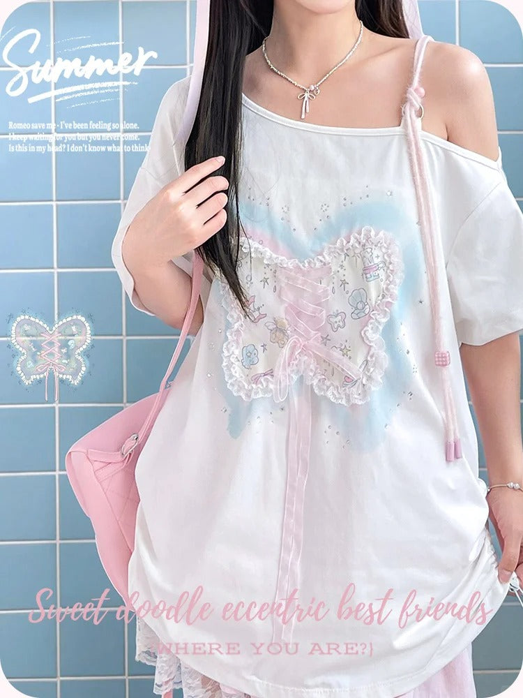 Sequins Decorated Lace-up Butterfly White Asymmetrical Neckline T-shirt Detail