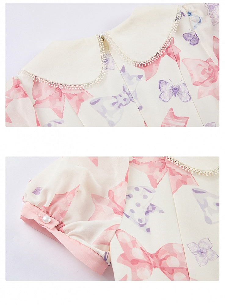 Rosa Lolita-Kleid mit Schleife und Peter-Pan-Kragen, Schleifen und Schmetterlingsdruck, einteilig