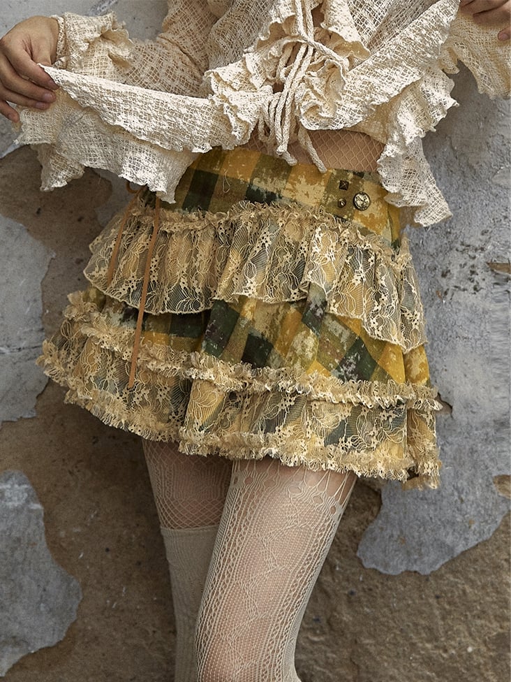 Grün und Gelb karierter Vintage Asymmetrischer Spitzen-Minirock