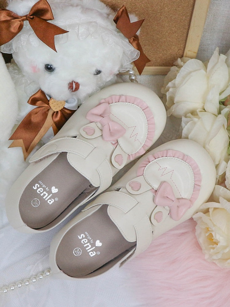 Accnet Süße Ohr Klett Herz Rüschen Schleife Riemen Schuhe Verschlüsse Bunny mit Niedrigem Absatz Beige Rosa