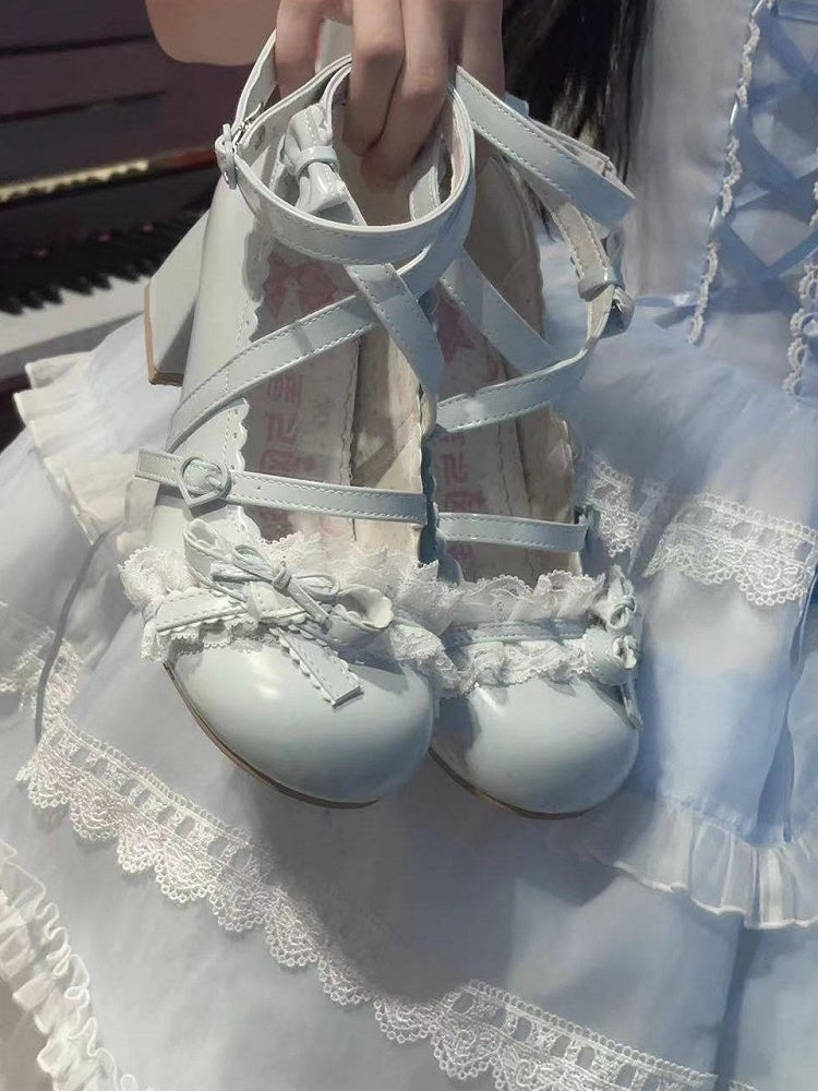 Blue at Heart Lace Top Patch Mid Heels Bow Ruffles Lolita