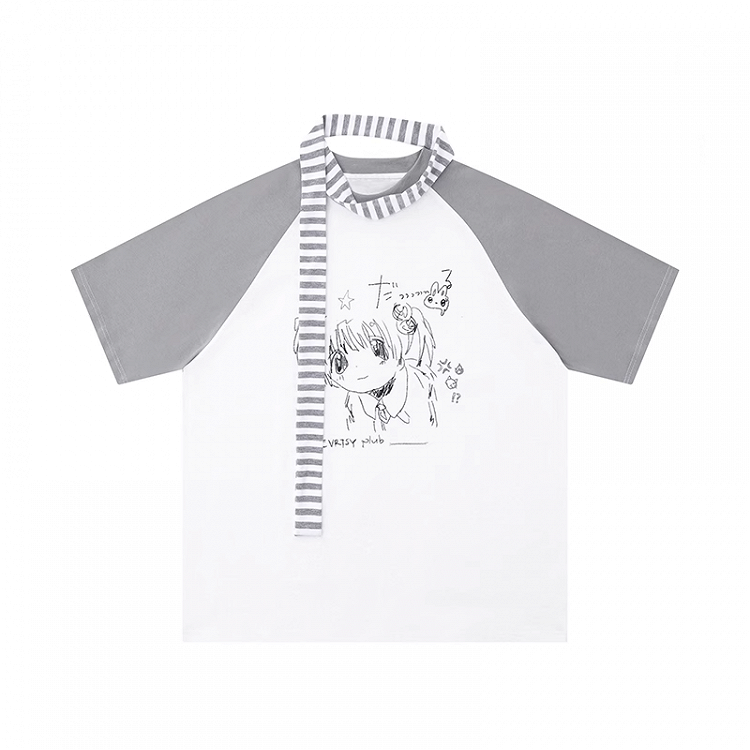Anime Girl Graffiti T-Shirt Scarf with Striped Grey Colorblock Design