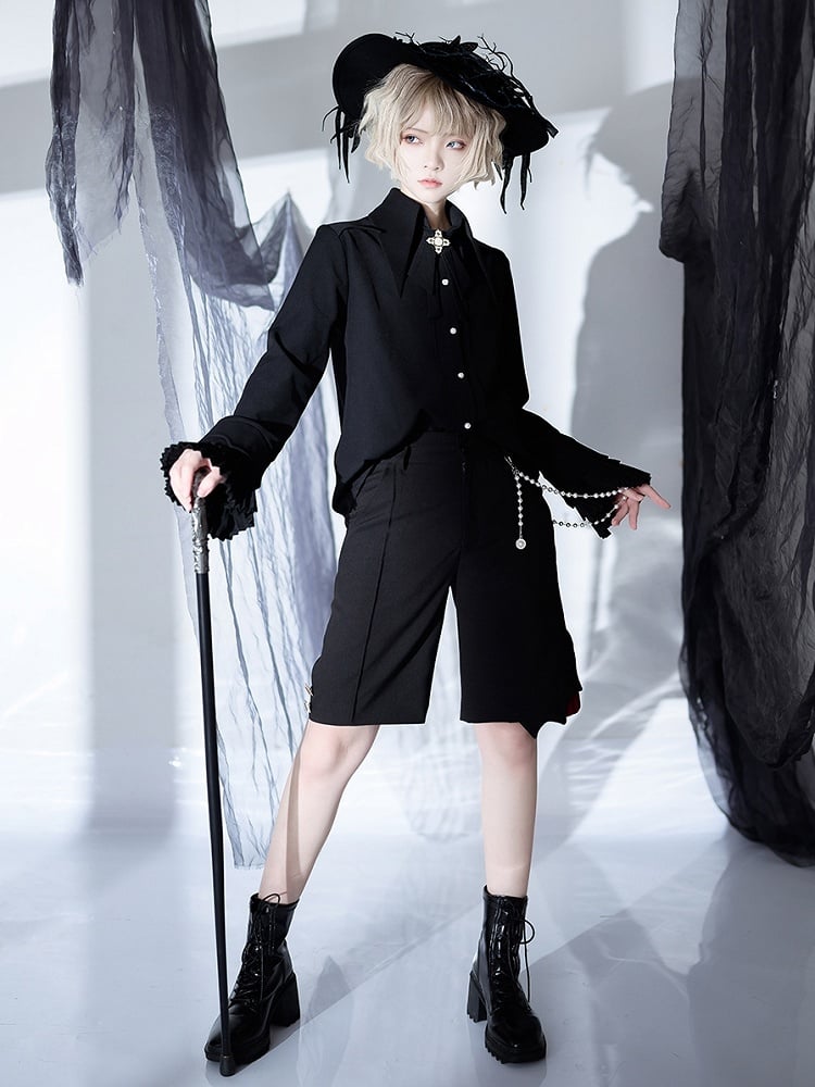 Schwarzes Lolita Ouji-Hemd mit spitzem Kragen im Prinzen-Stil