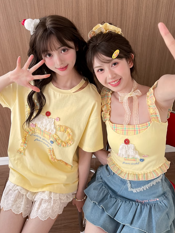 Bowknot Tiered Ruffled Big Cake Yellow Cotton T-shirt Design Lace